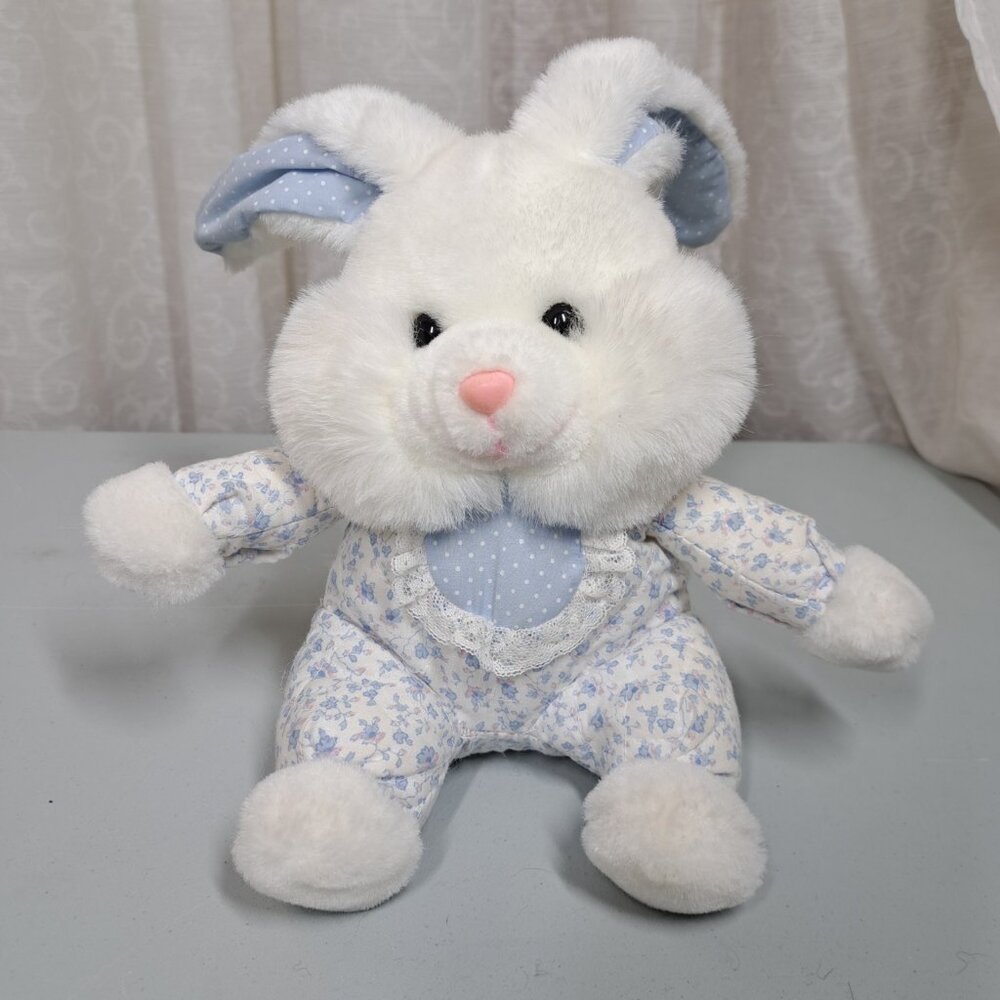Vtg World of Smile International Bunny Plush Stuffed Animal White Blue Quilted